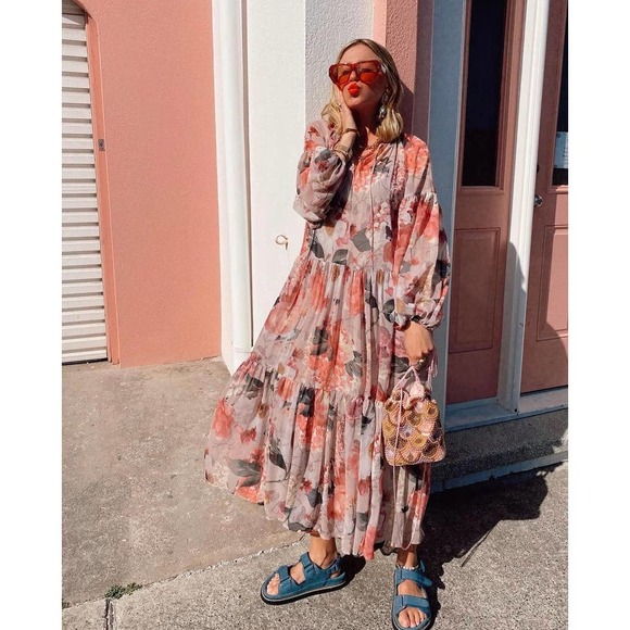 Chiffon Wide Cut Floral Dress Balloon Slee… - Picture 13 of 14